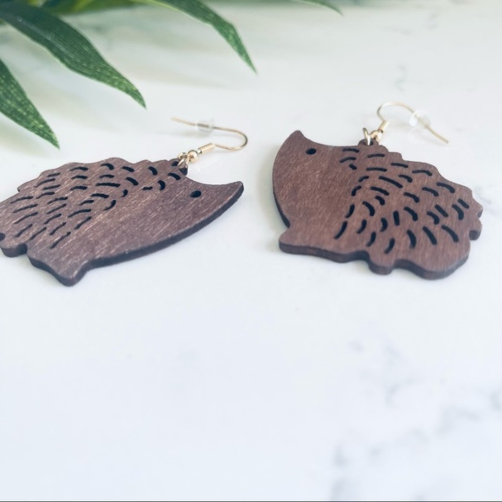 Dark Wood Hedgehog Animal Lasercut Dangle Earrings Unique New 2.5” Woodland - Picture 2 of 5